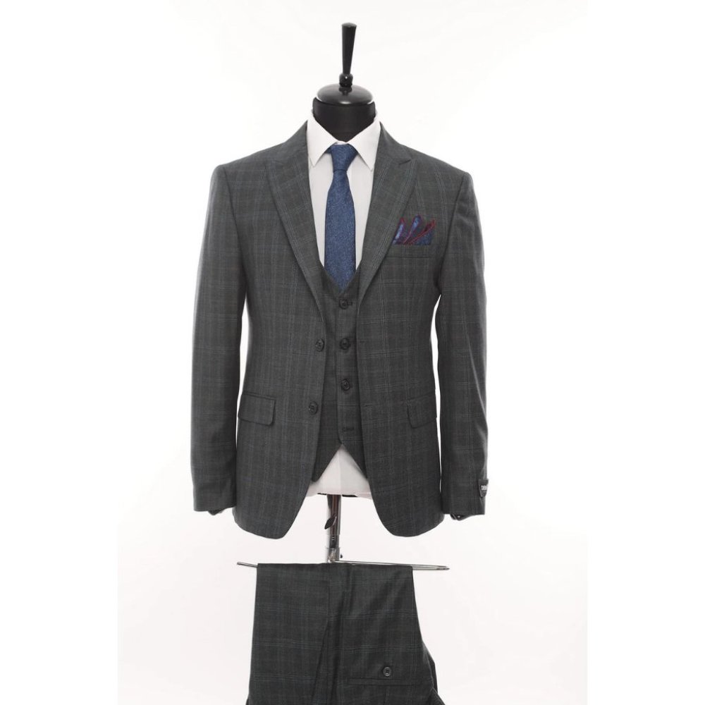 Derman Grey Square Patterned Fabric 3 Piece Suit